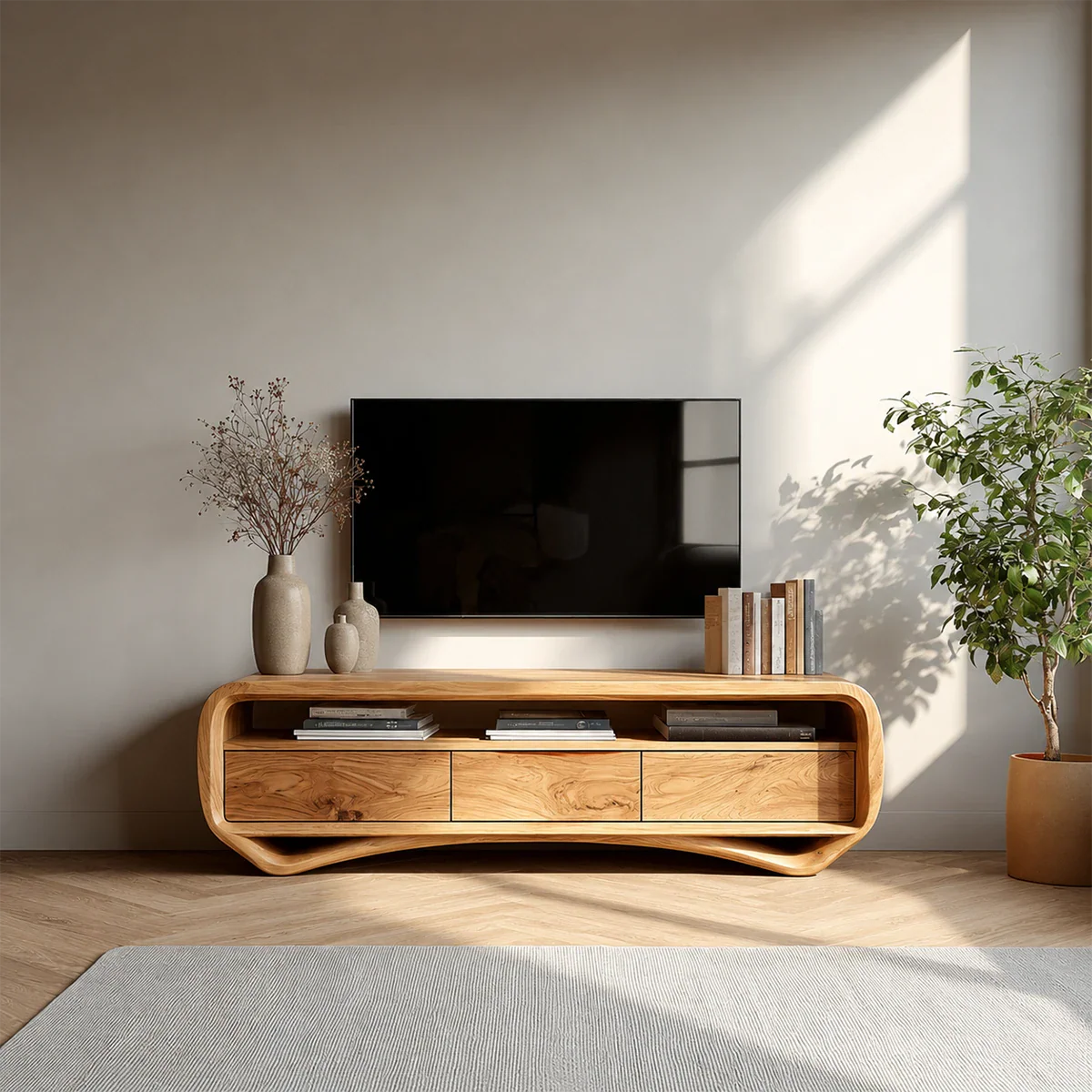 Curved Low Profile TV Stand in Natural Solid Wood with Storage Drawers