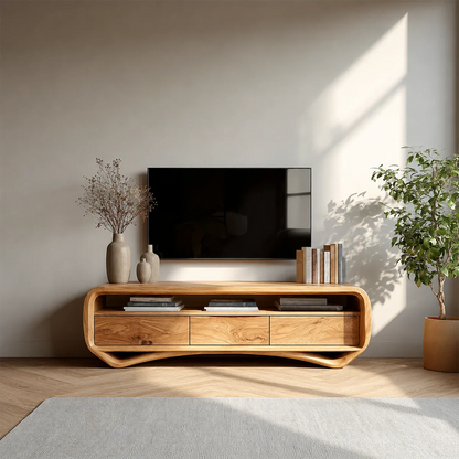 Curved Low Profile TV Stand in Natural Solid Wood with Storage Drawers