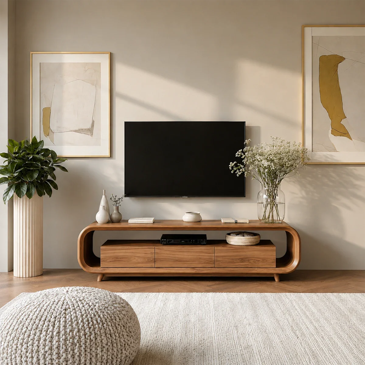 Low Profile Curved TV Stand in Natural Solid Wood with Drawer Storage