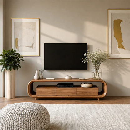 Low Profile Curved TV Stand in Natural Solid Wood with Drawer Storage