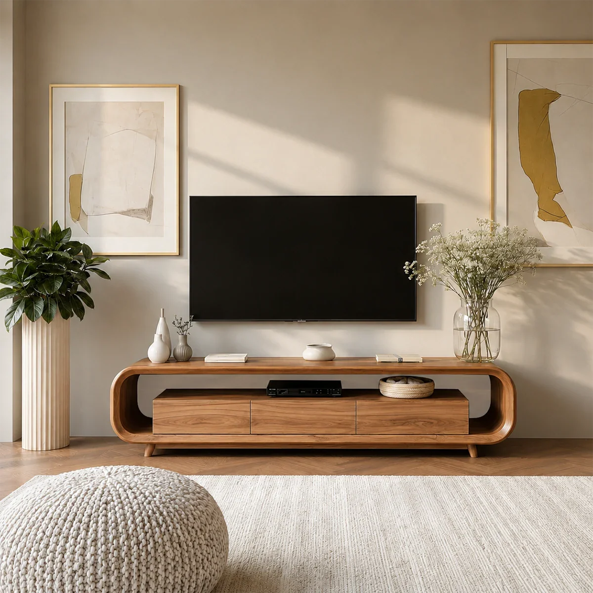 Low Profile Curved TV Stand in Natural Solid Wood with Drawer Storage