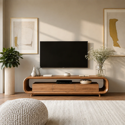Low Profile Curved TV Stand in Natural Solid Wood with Drawer Storage
