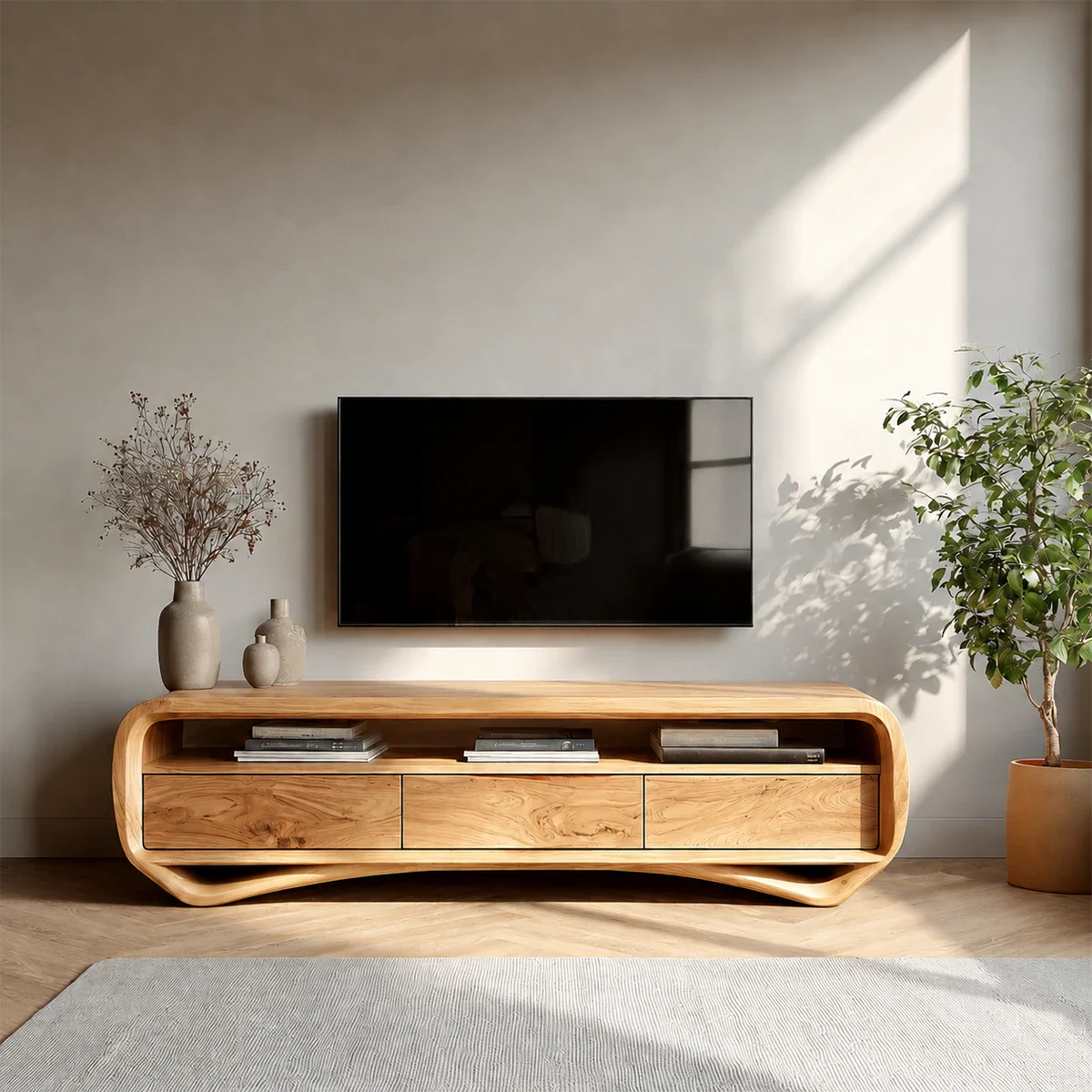 Curved Low Profile TV Stand in Natural Solid Wood with Storage Drawers
