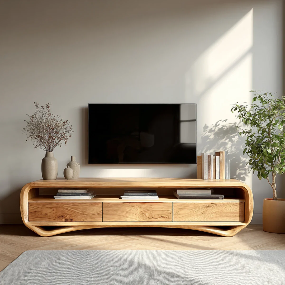 Curved Low Profile TV Stand in Natural Solid Wood with Storage Drawers