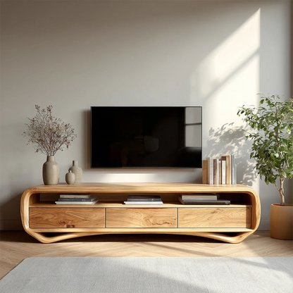 Curved Low Profile TV Stand in Natural Solid Wood with Storage Drawers