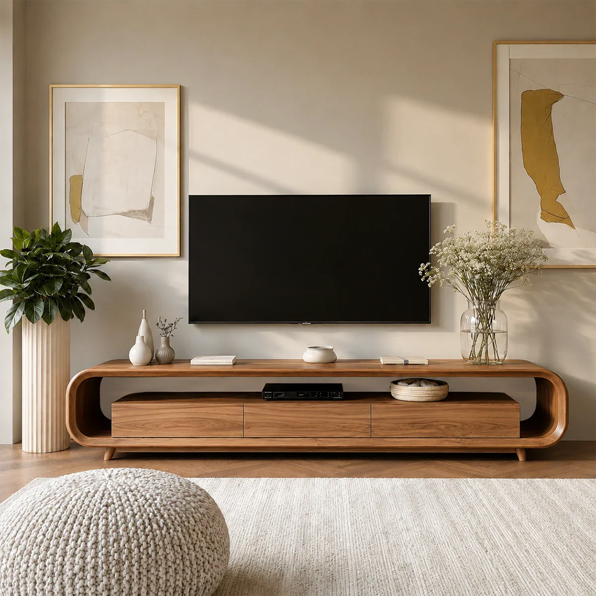 Low Profile Curved TV Stand in Natural Solid Wood with Drawer Storage