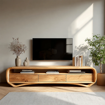 Curved Low Profile TV Stand in Natural Solid Wood with Storage Drawers