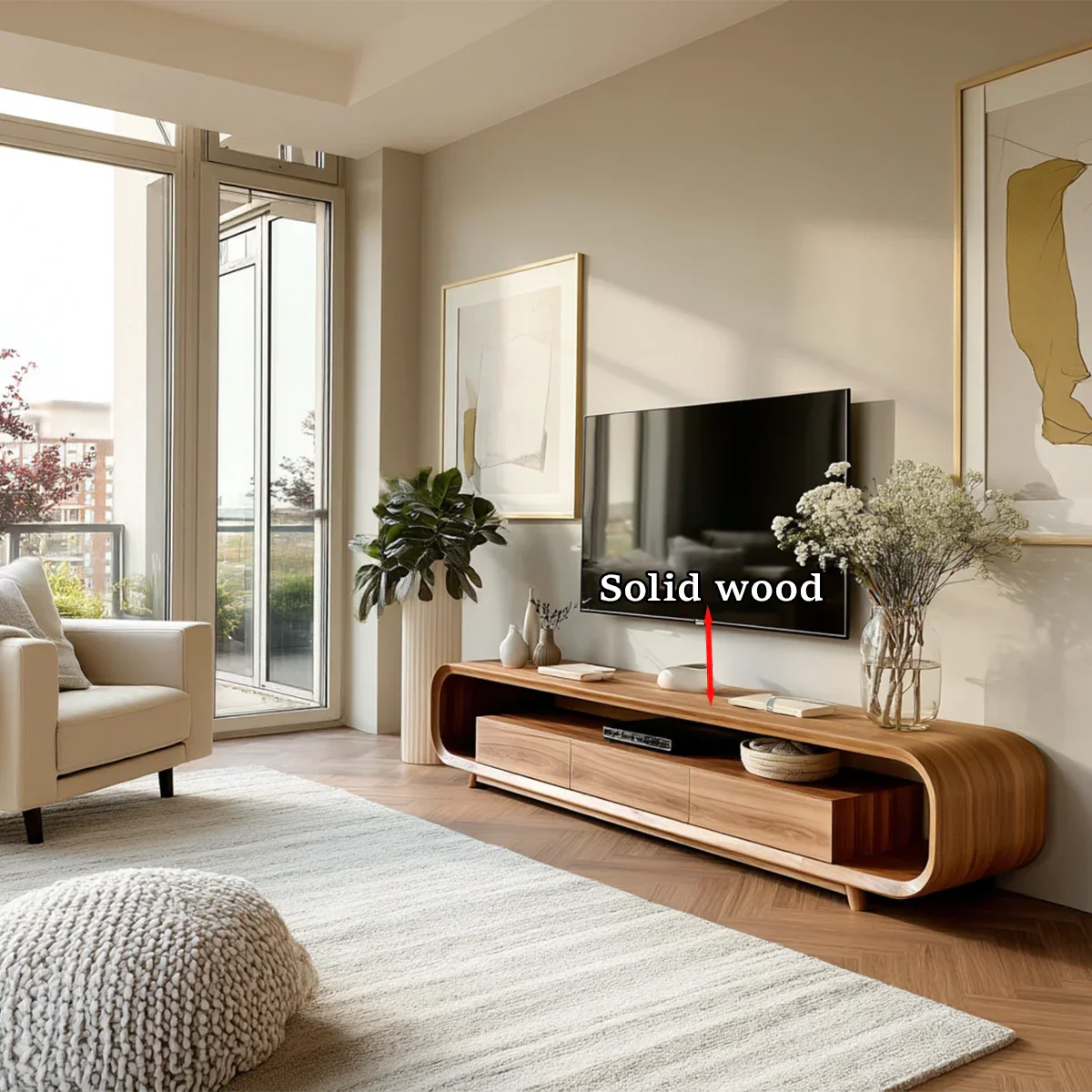 Contemporary TV stand with rounded silhouette and storage complements modern living spaces