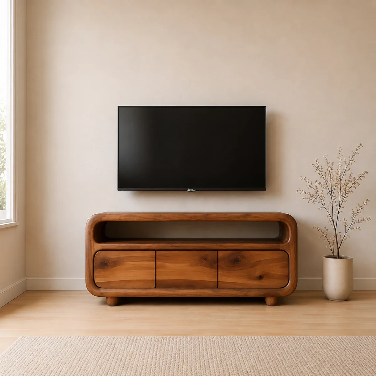 Rounded Sculptural TV Stand Solid Wood Media Console Low Profile
