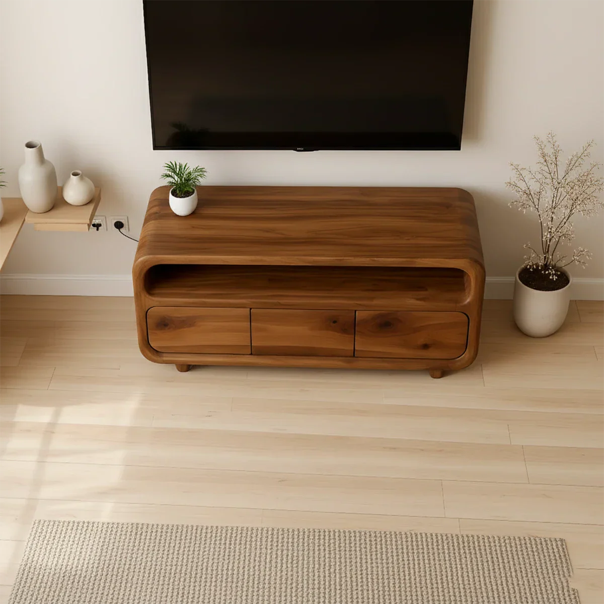 Contemporary TV stand in dark brown finish with sculpted front panels and sleek low design