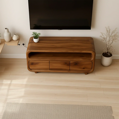 Contemporary TV stand in dark brown finish with sculpted front panels and sleek low design
