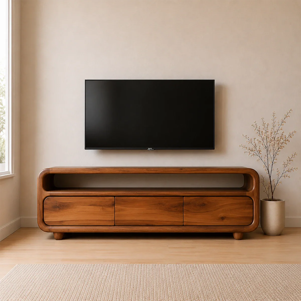 Rounded Sculptural TV Stand Solid Wood Media Console Low Profile