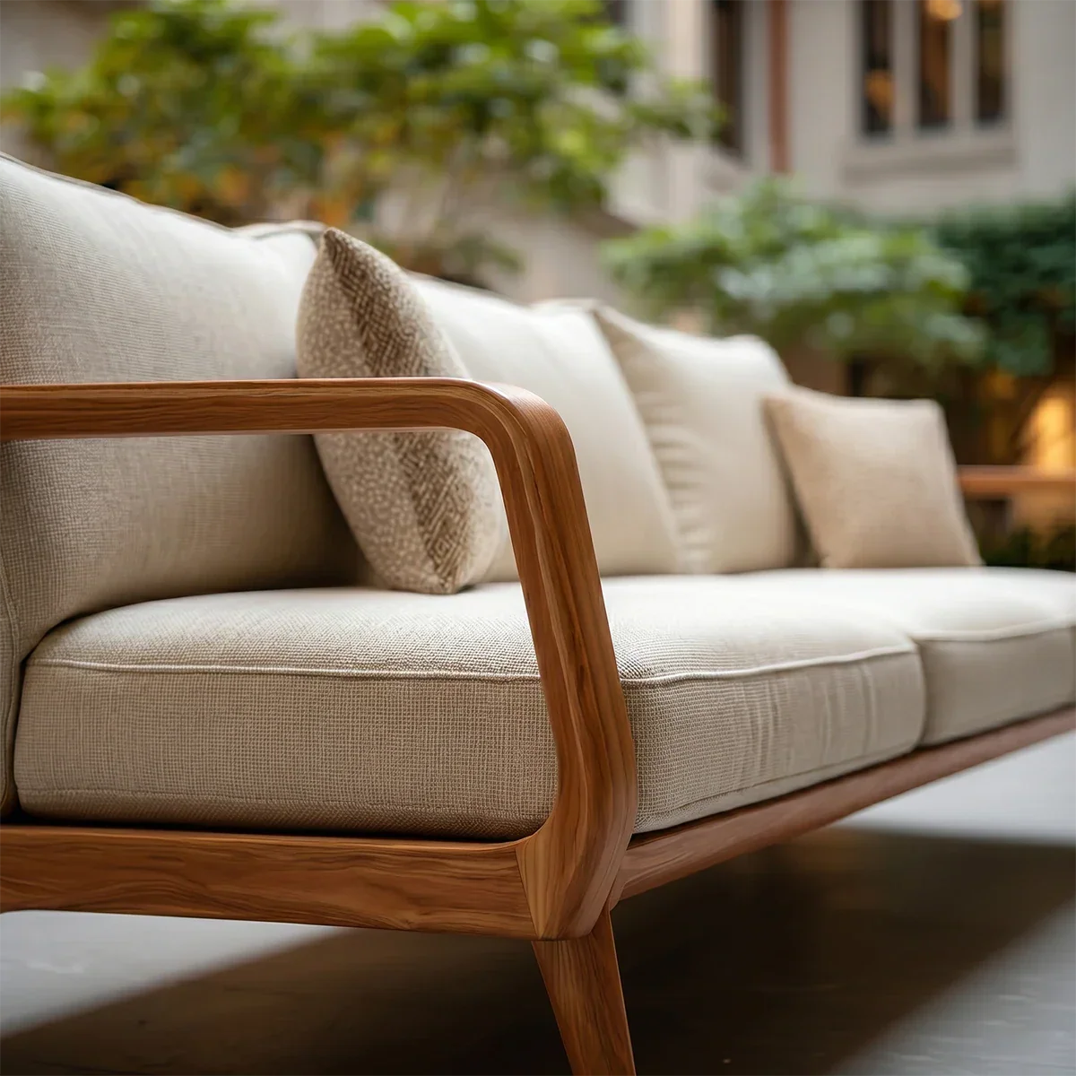 Minimalist outdoor sofa with neutral fabric seating and sculpted natural wood base in garden patio