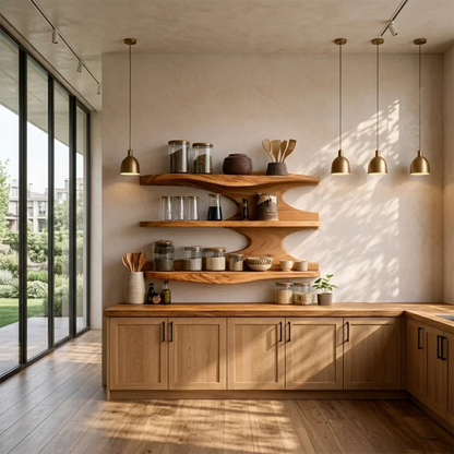 Sculpted kitchen shelving unit featuring flowing wood design and multi tier open storage space