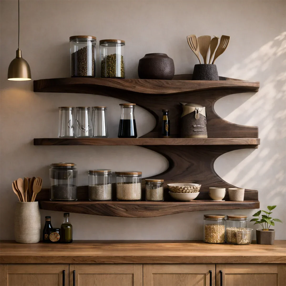 Artistic kitchen wall shelving with fluid wood form and practical open storage layout