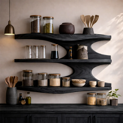 Designer kitchen wall storage with sculptural wood lines and multi level open shelves