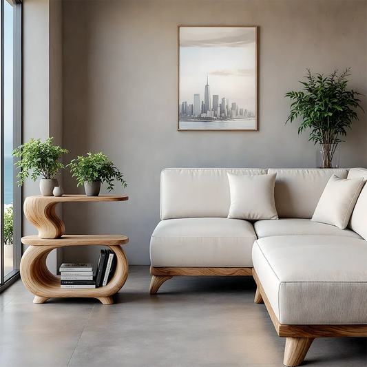 Light wood color end table with sculptural curved base and open shelf for modern living room use