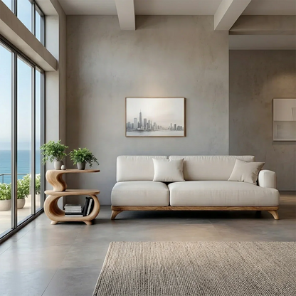 A compact side table in natural light brown tone featuring smooth edges and minimalist design