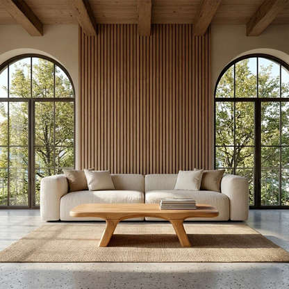 Modern living room with a beige sofa, wooden coffee table, and large windows.