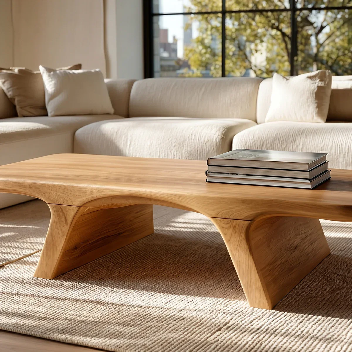 Minimalist coffee table with low height and clean lines for modern living room styling