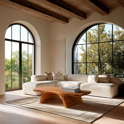 Living room coffee table with simple form and low profile for modern home comfort