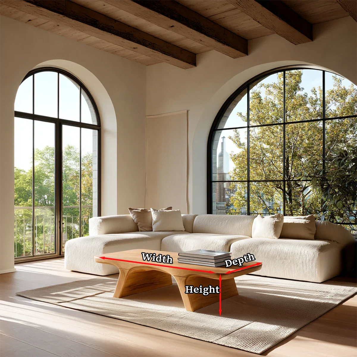 Modern interior coffee table with low structure and soft edges for open living rooms