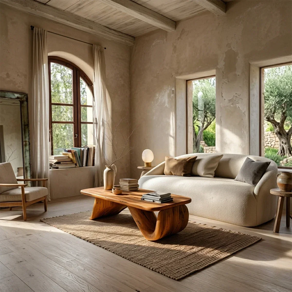 Modern coffee table with curved legs and natural wood texture in cozy contemporary interior