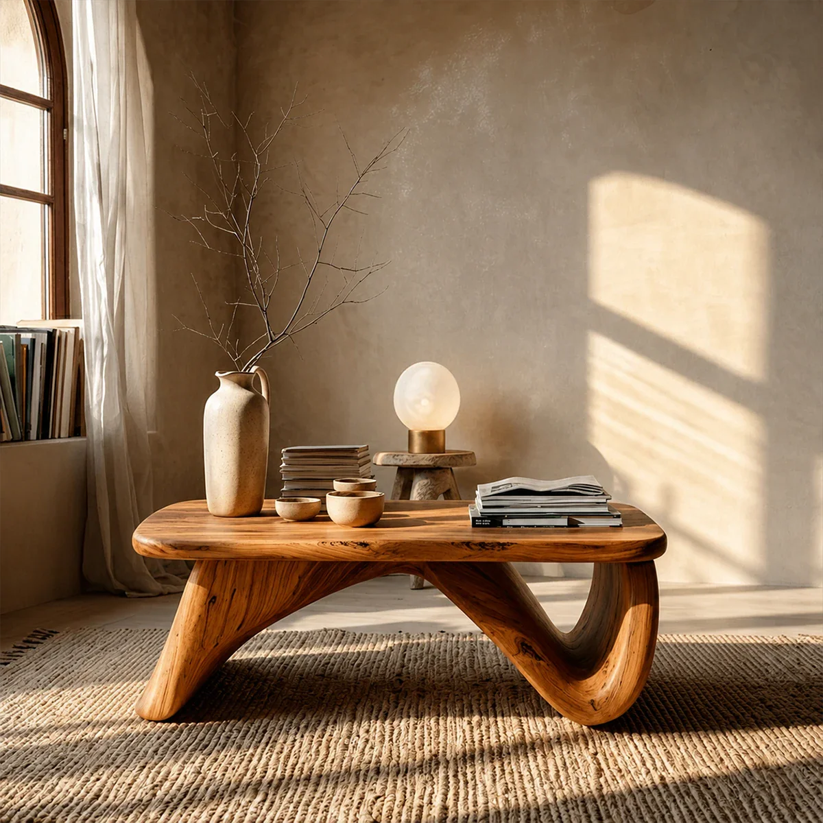 Curved Low Coffee Table in Natural Wood – Sculptural Center Table for Modern Interiors