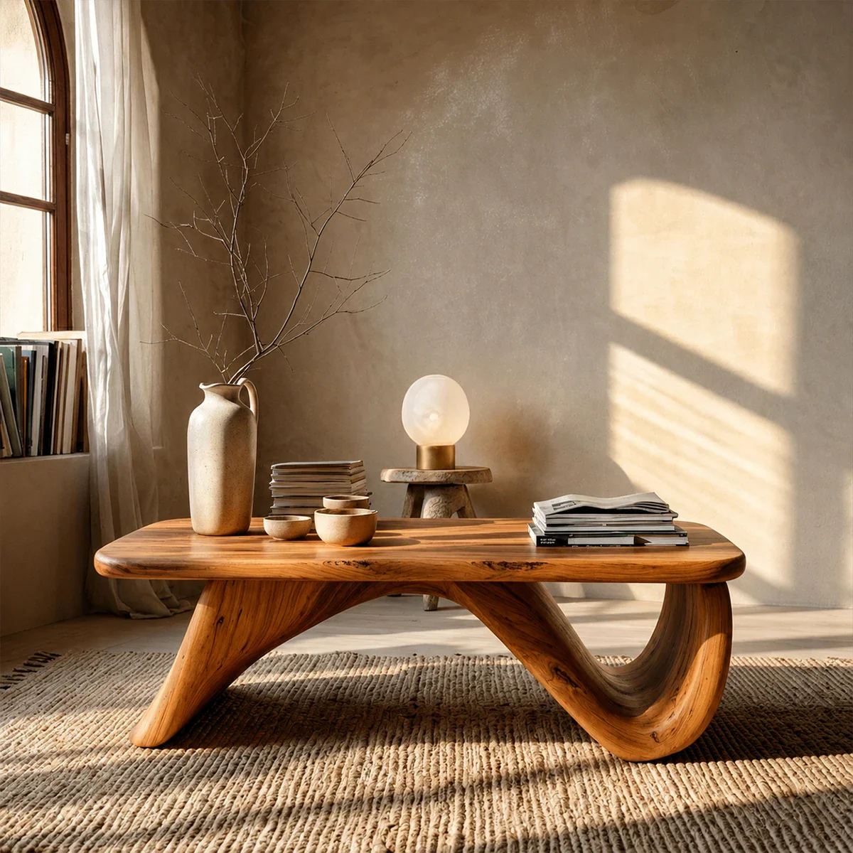 Curved Low Coffee Table in Natural Wood – Sculptural Center Table for Modern Interiors