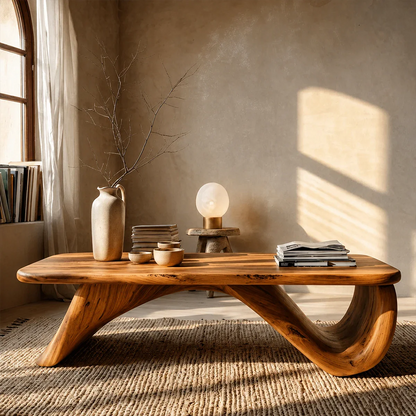 Curved Low Coffee Table in Natural Wood – Sculptural Center Table for Modern Interiors