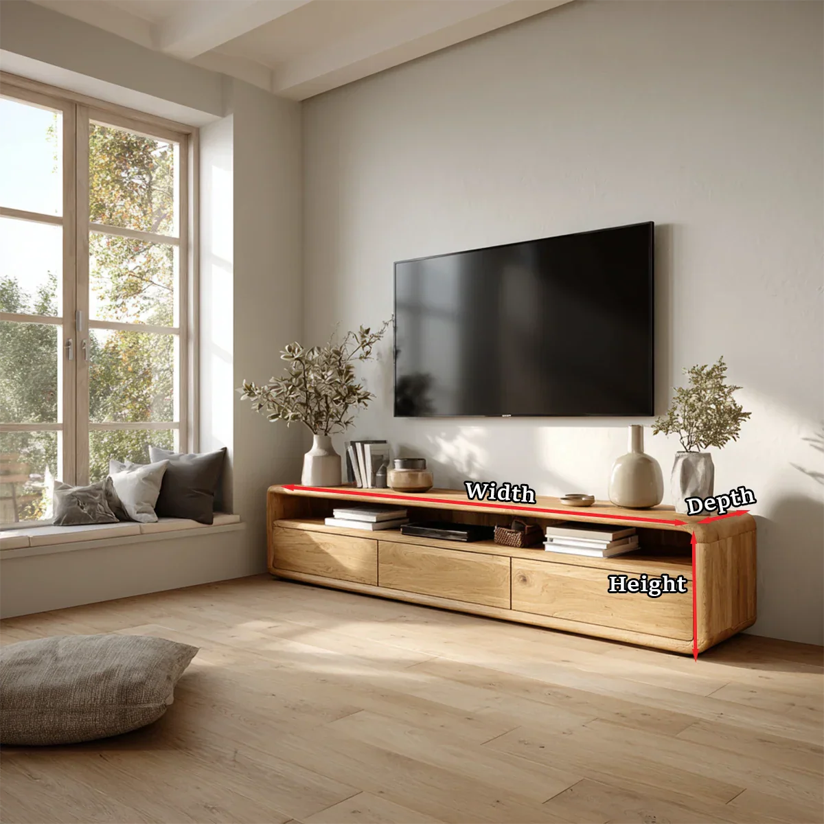 Contemporary TV stand with smooth edges and storage space for modern home décor