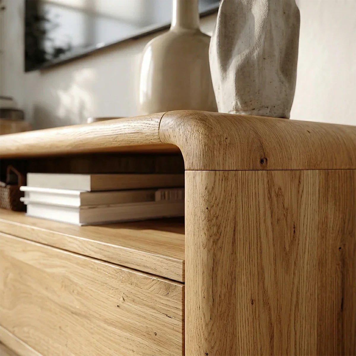 Minimalist TV stand with storage drawers and open shelf in a sunlit living room space