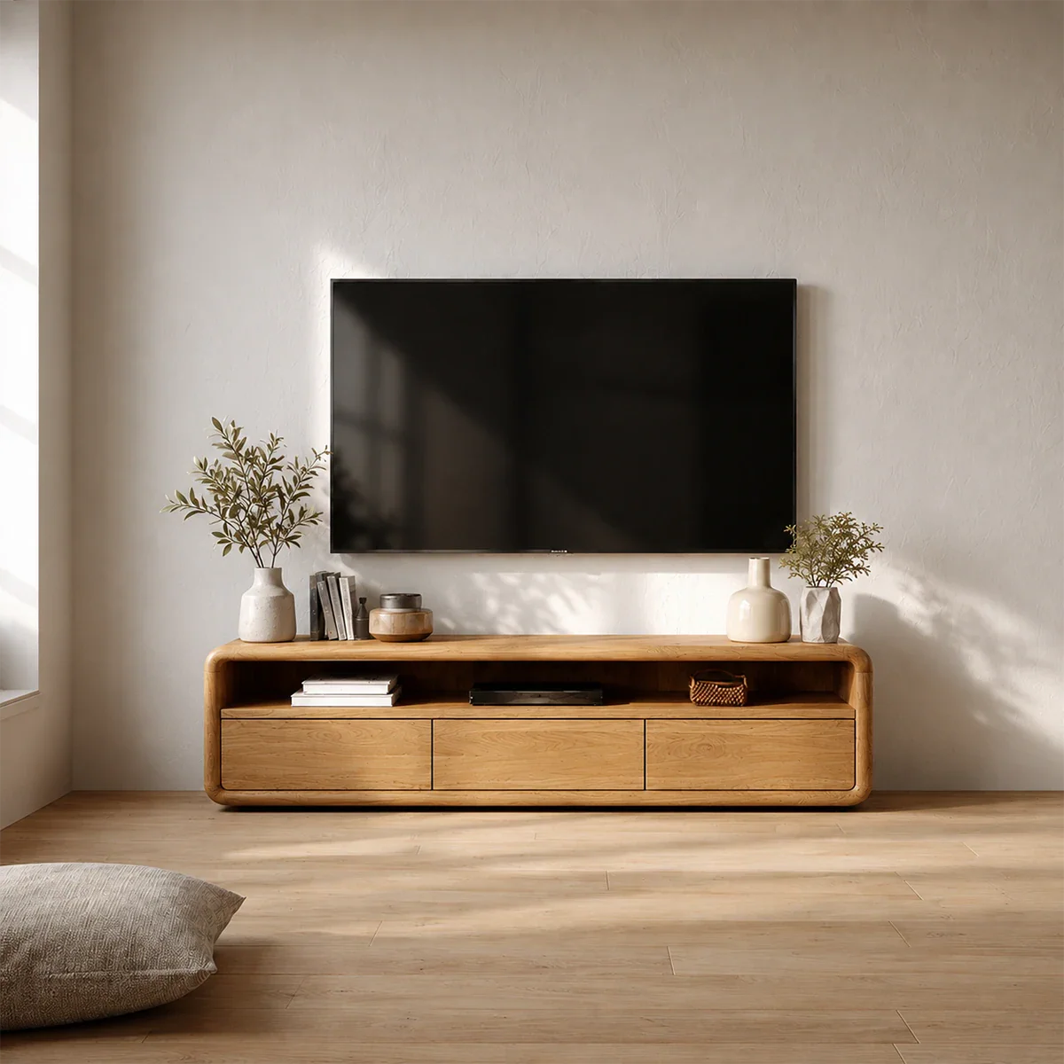 Low Profile Curved Natural Solid Wood TV Stand with Drawer Storage and Open Shelf