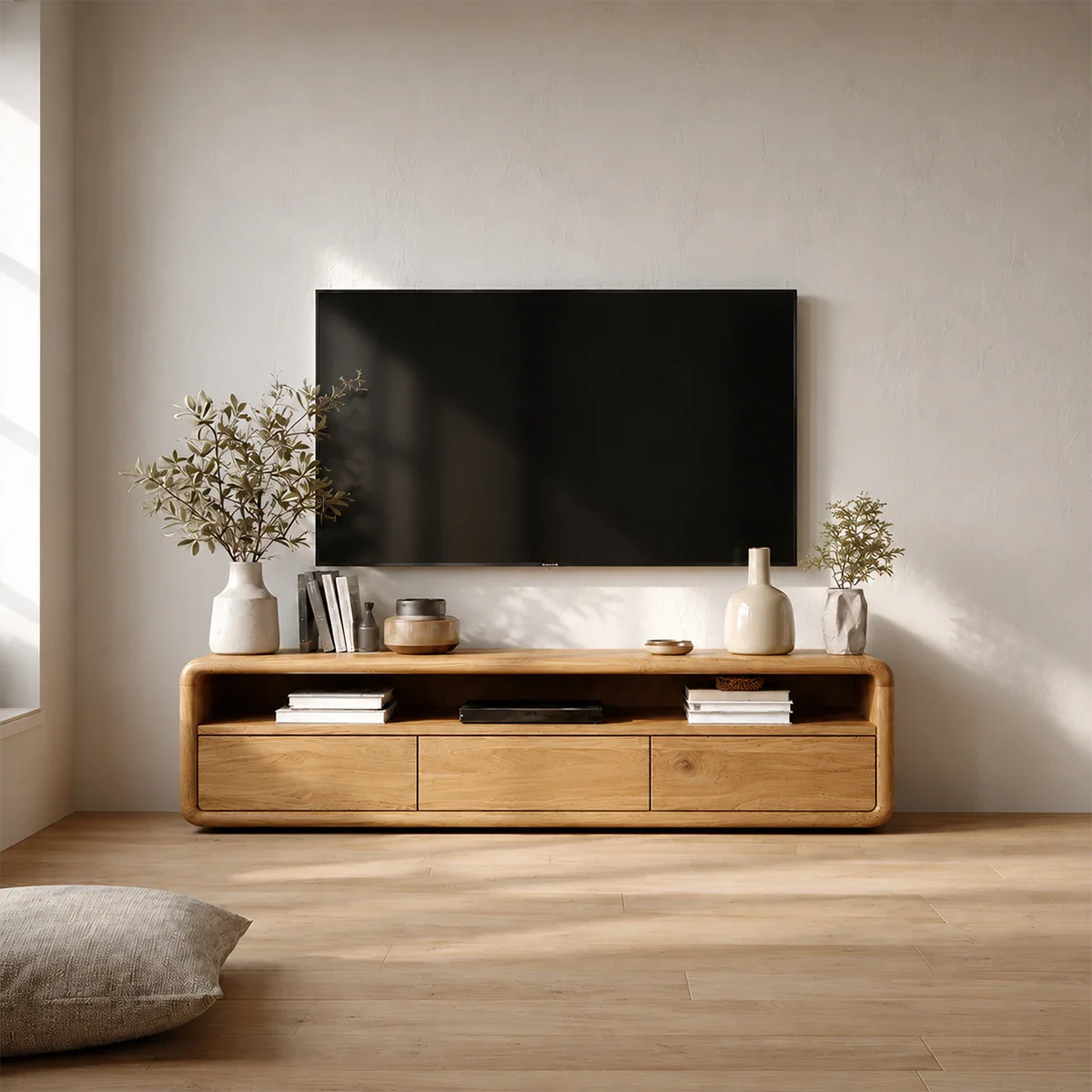 Low Profile Curved Natural Solid Wood TV Stand with Drawer Storage and Open Shelf