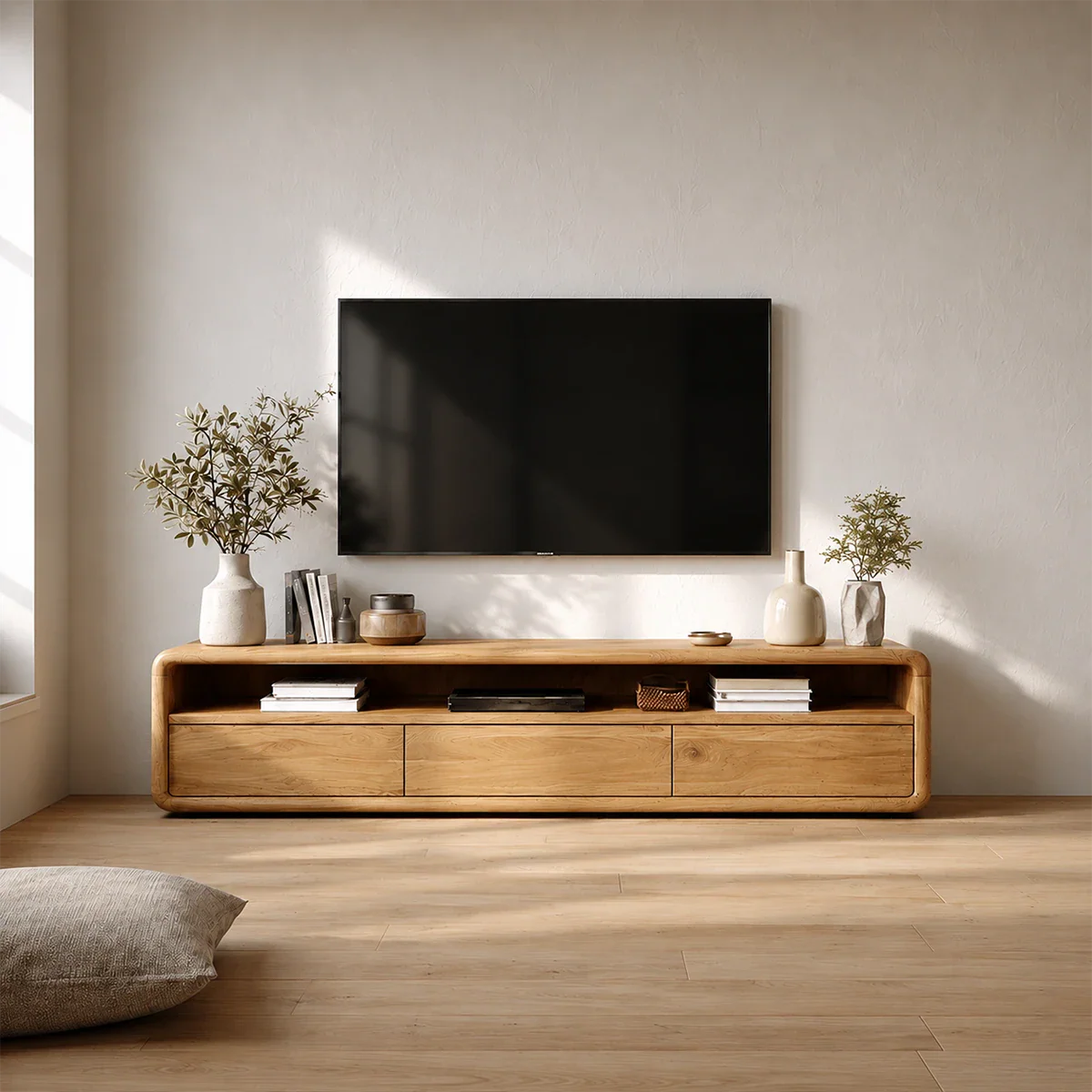 Low Profile Curved Natural Solid Wood TV Stand with Drawer Storage and Open Shelf