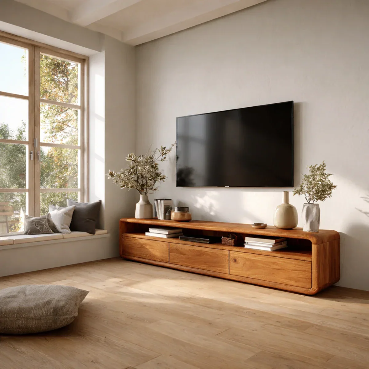 Modern entertainment unit with open shelf and natural wood finish for cozy interiors