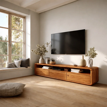 Modern entertainment unit with open shelf and natural wood finish for cozy interiors
