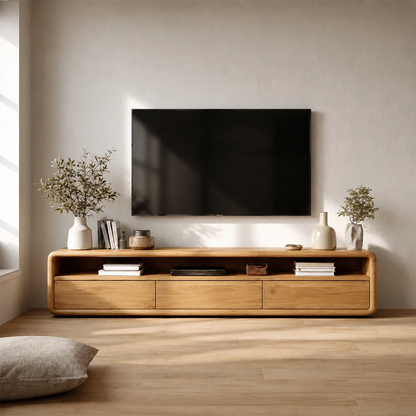 Low Profile Curved Natural Solid Wood TV Stand with Drawer Storage and Open Shelf