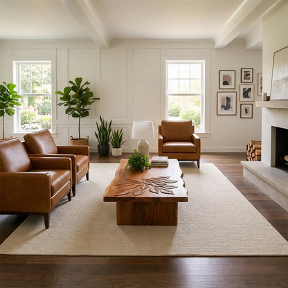Modern coffee table with matte brown finish and organic base shape in a calm living room setting