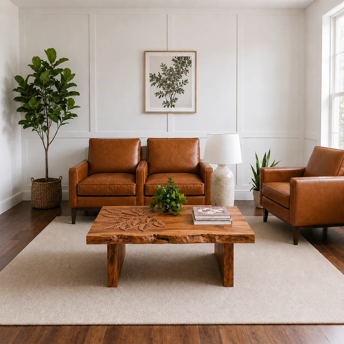 Solid Wood Coffee Table with Hand-Carved Leaf Pattern and Live Edge