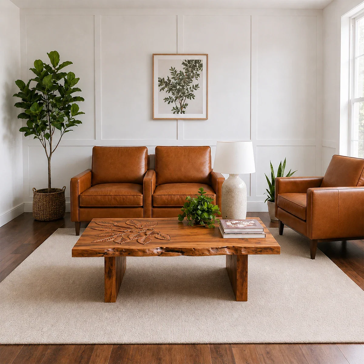 Solid Wood Coffee Table with Hand-Carved Leaf Pattern and Live Edge