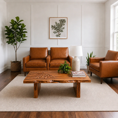 Solid Wood Coffee Table with Hand-Carved Leaf Pattern and Live Edge