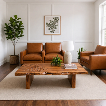 Solid Wood Coffee Table with Hand-Carved Leaf Pattern and Live Edge