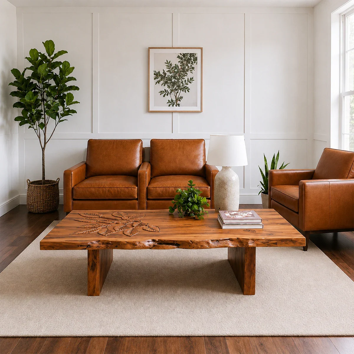 Solid Wood Coffee Table with Hand-Carved Leaf Pattern and Live Edge