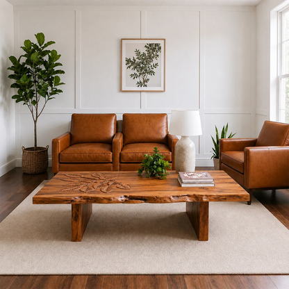 Solid Wood Coffee Table with Hand-Carved Leaf Pattern and Live Edge