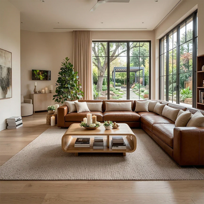 Coffee table in oak color finish with flowing base design and rounded edges in a bright interior setting