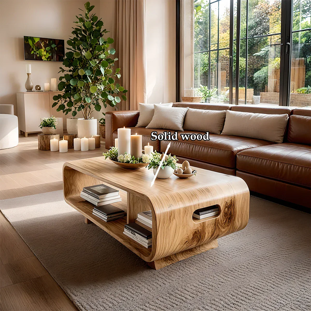 Coffee table in oak color with artistic base design and soft curves in a bright modern interior space