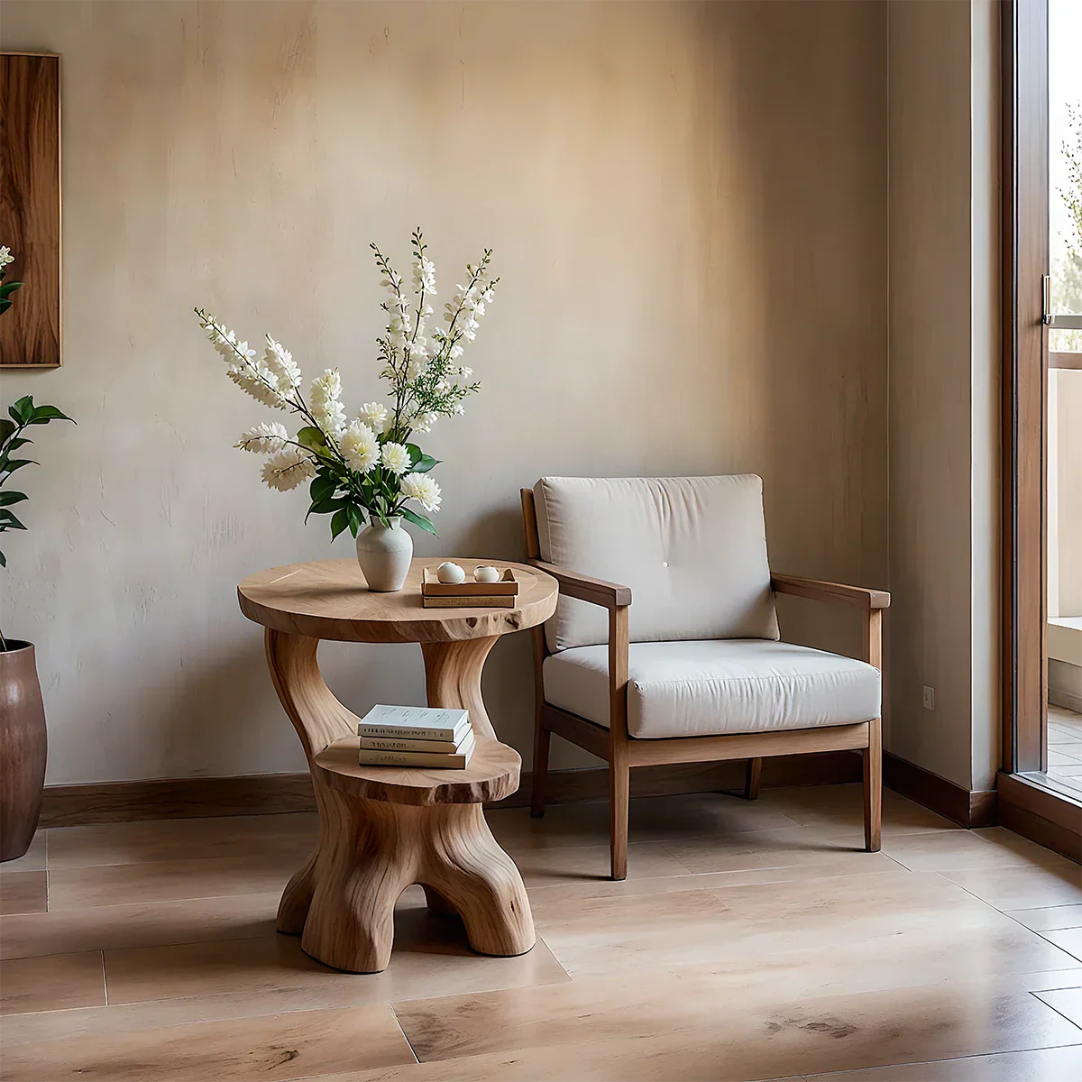 Oak tone end table with sculptural curved base and open shelf for a modern living room setting