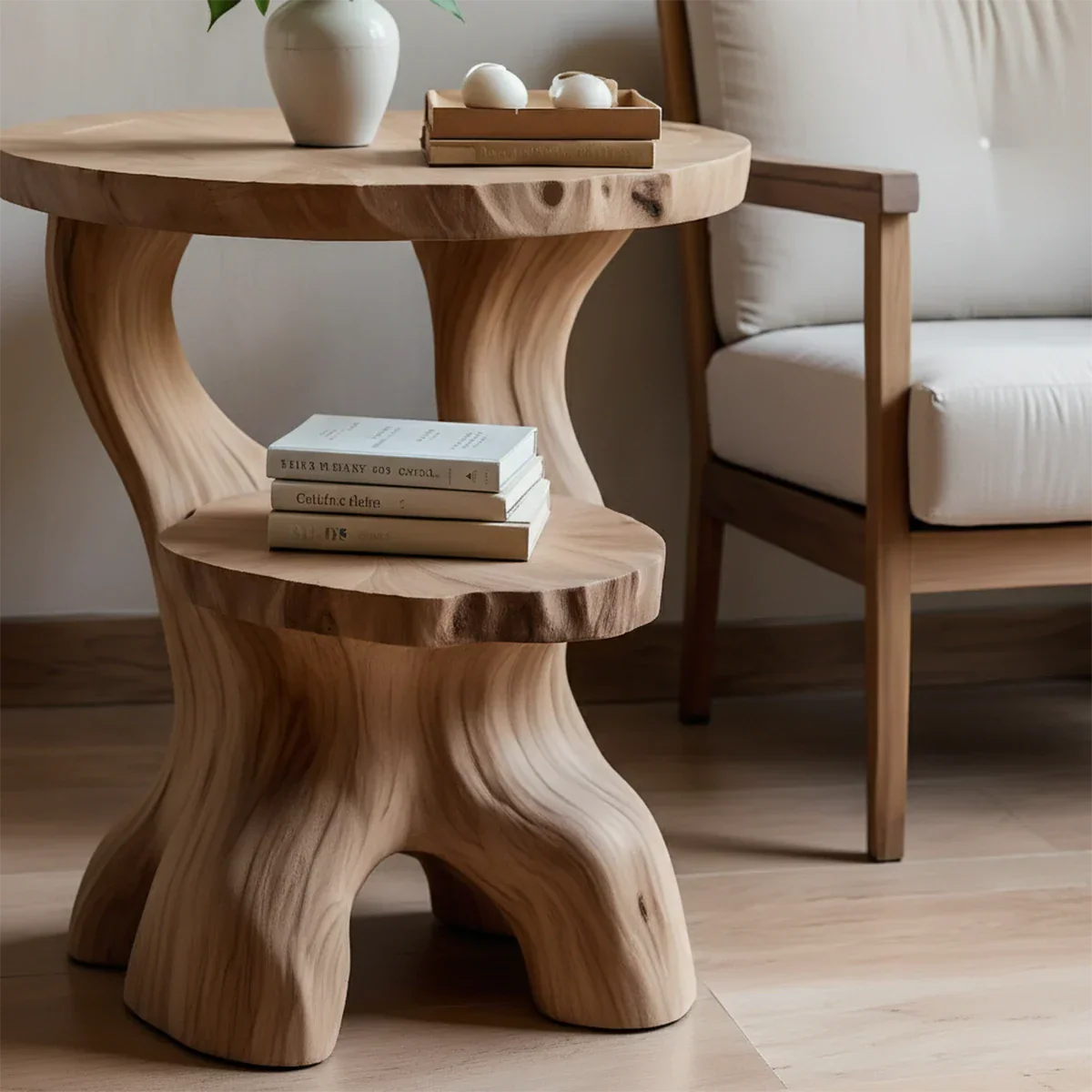 Designed with an oak color finish, the end table offers clean lines and a soft organic shape