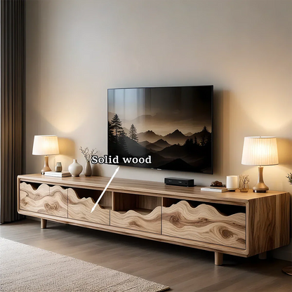 Oak tone TV stand with open shelf storage and sculptural front design in a calm interior